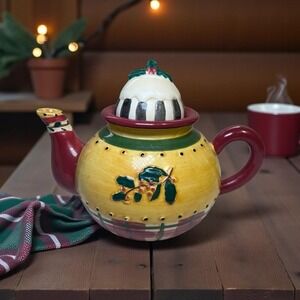 Debbie Mumm Sakura Small‎ Teapot Christmas Holly Berries and Plaid Handpainted